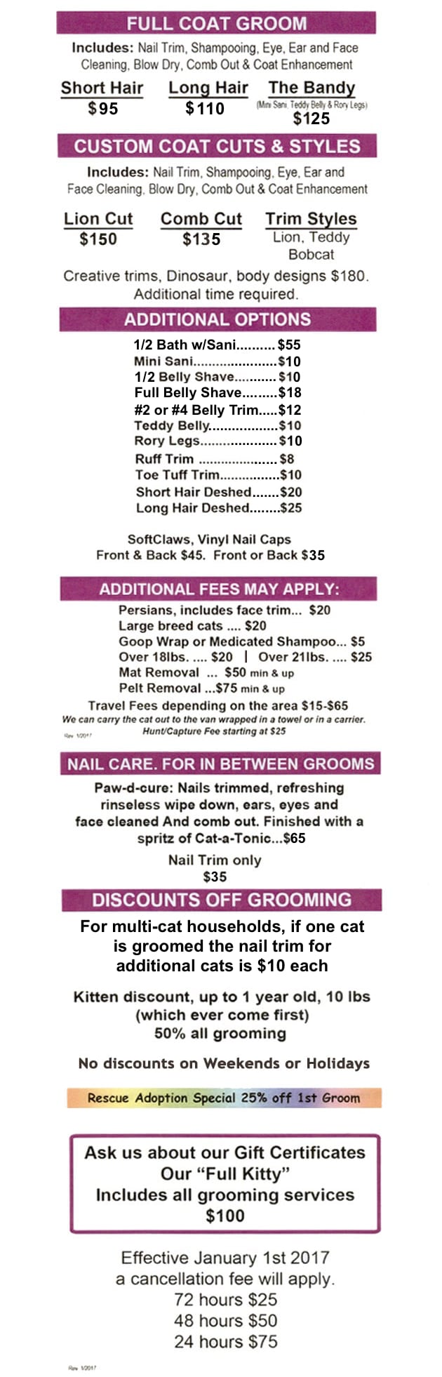 cat grooming prices