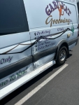 Grooming van showing collision damage